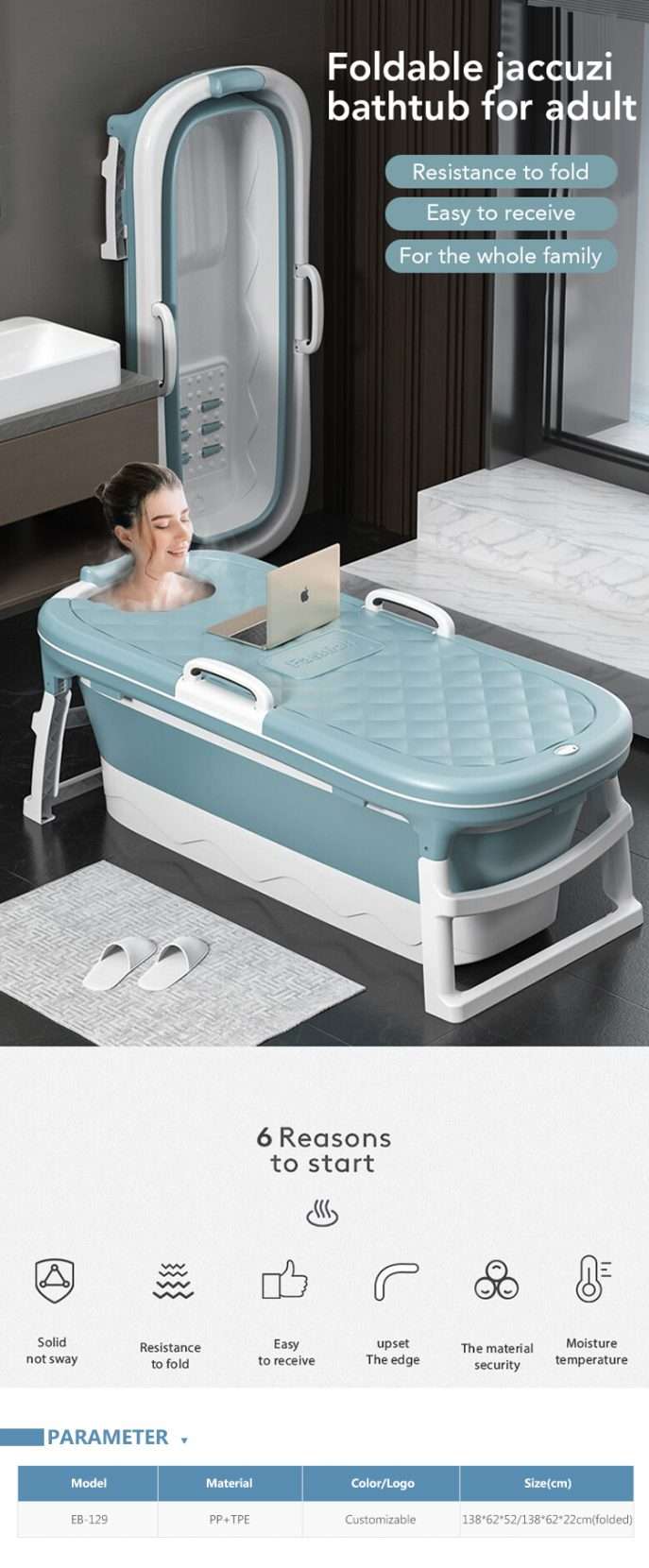 Large Portable folding Bathtub for Adults & Childrens with Cover