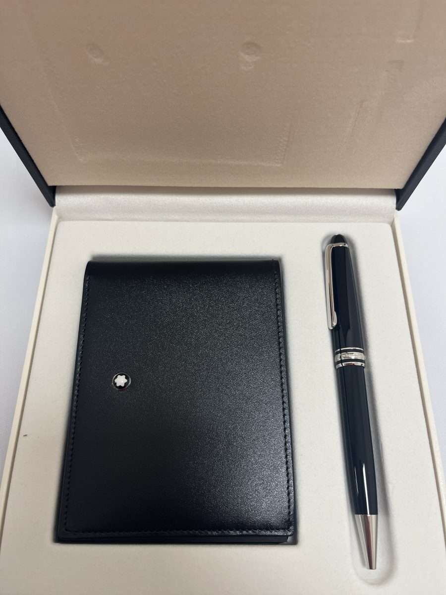 Leather wallet and pen with 2 refill black and blue